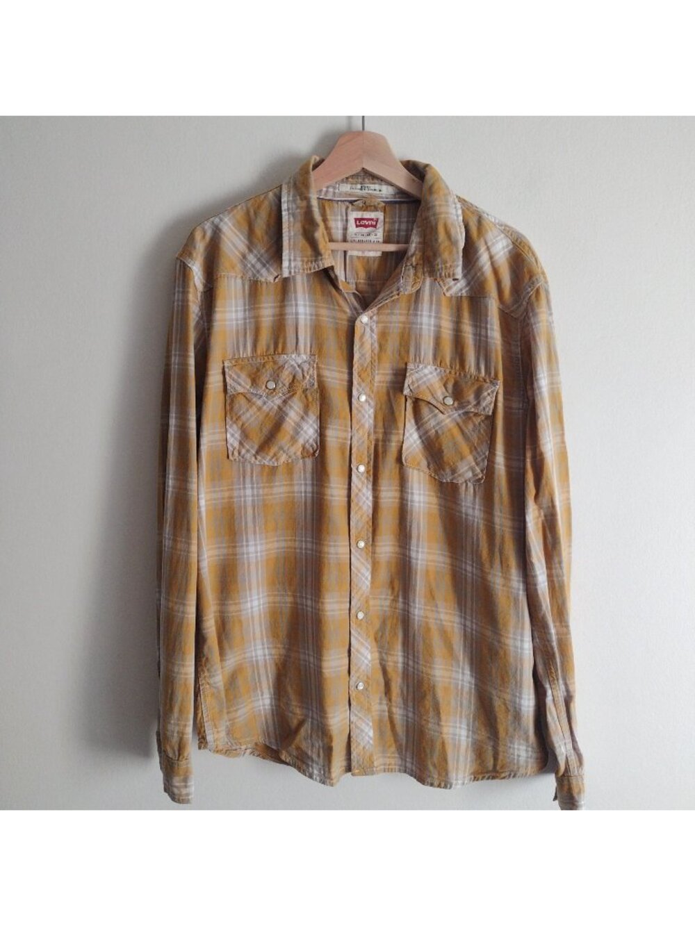 Levi's Mens Western Shirt XL Yellow Plaid Pearl Snap Dual Pocket